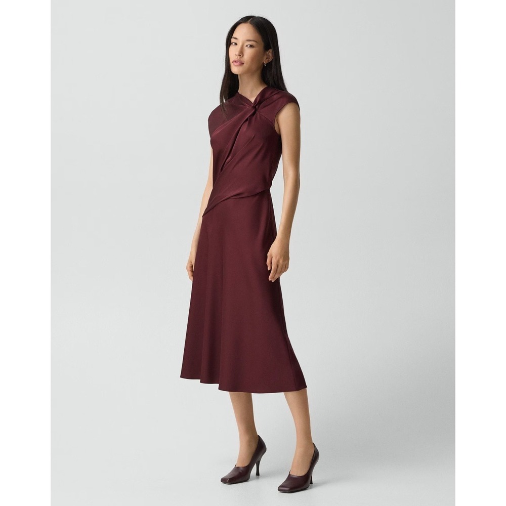 Theory Twist Bodice Dess Dark Wine Burgundy Satin Midi Sz 2